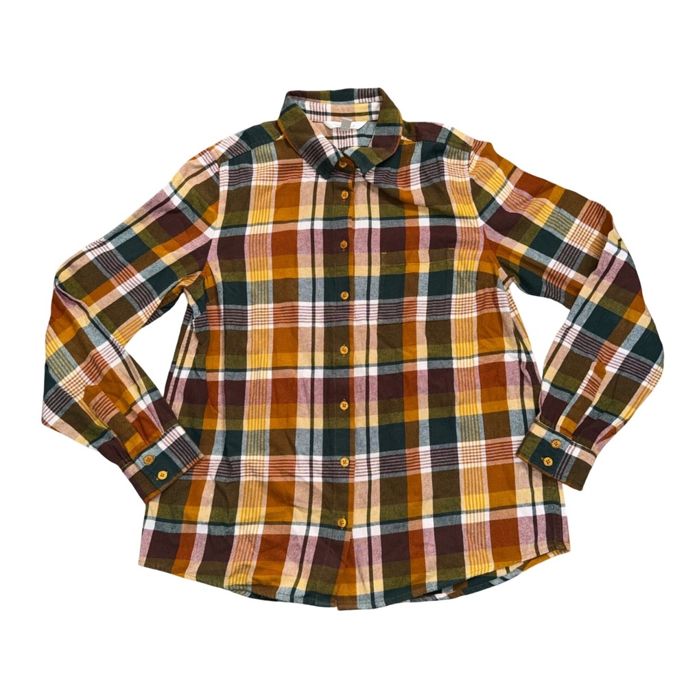 Garnet Hill Flannel Shirt Women 8 Multi Plaid Excellent Organic Cotton Button Up
